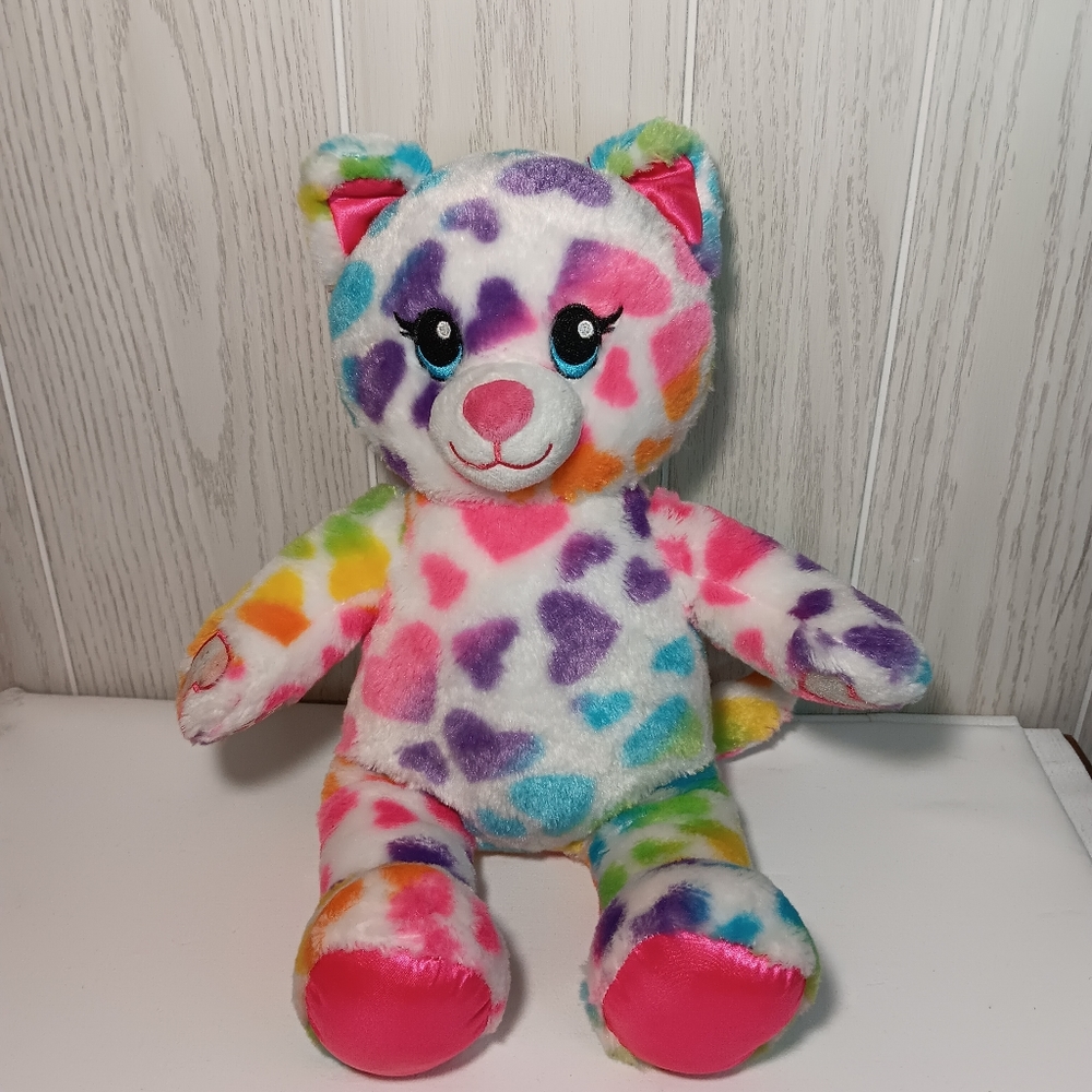 BAB BUILD A BEAR NEON RAINBOW HEARTS HUGGING KITTY CAT PLUSH STUFFED ANIMAL 16”